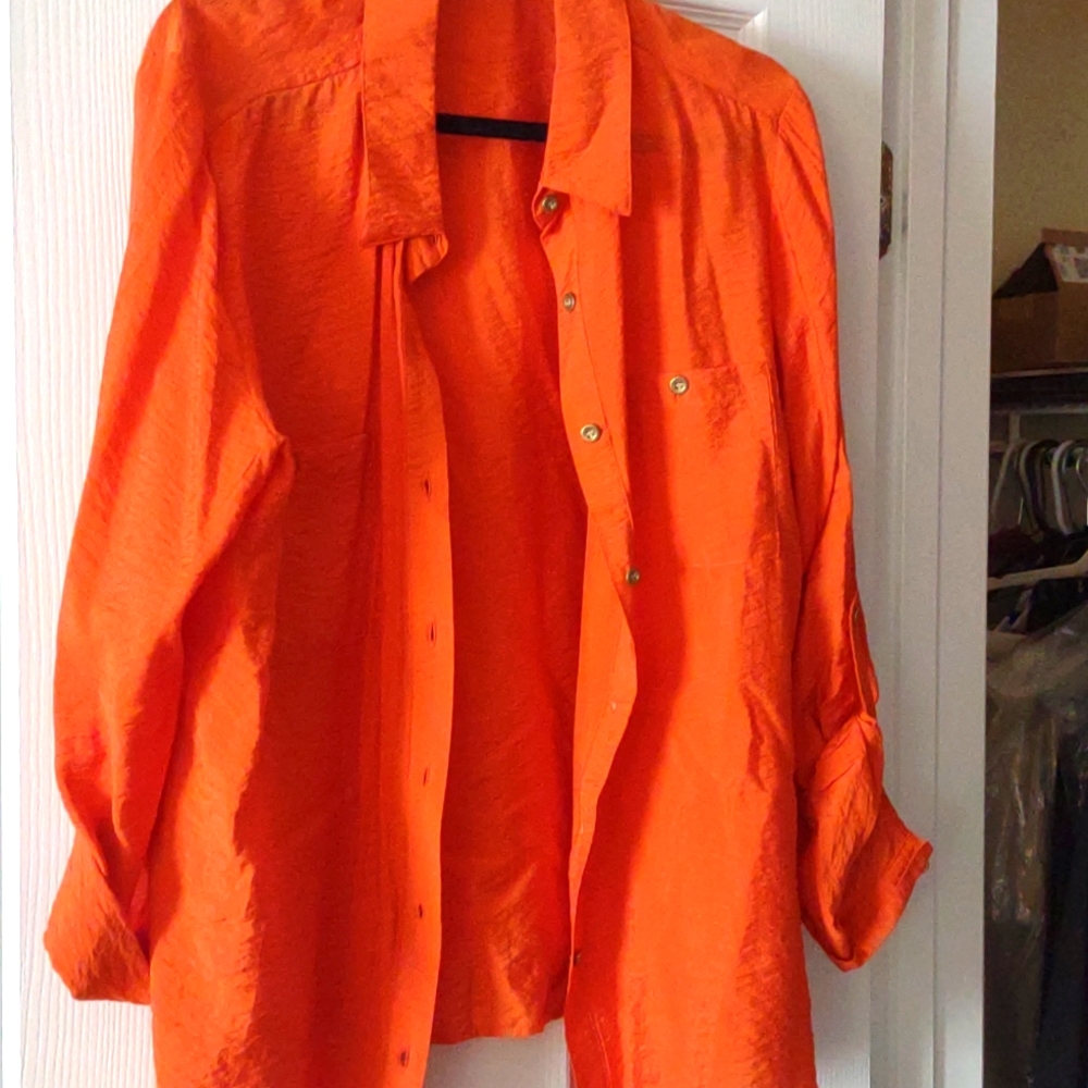 Unisex*Tangerine Orange Blouse~ Adjustable Sleeves~ 2 Usable Pockets On Front